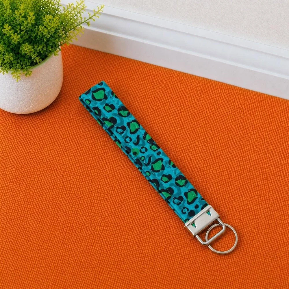 Teal Leopard Print Key Fob Wristlet, Green Animal Print Keychain, Fabric Wrist